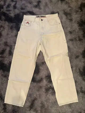 AVIREX USA 워크 팬츠 화이트 자수 패치 와이드 스트레이트