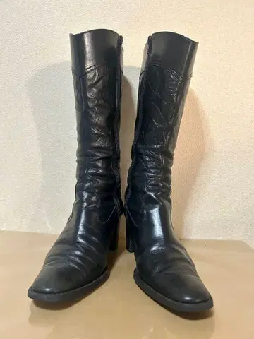 Marie club 블랙 가죽 롱 부츠 중간 굽