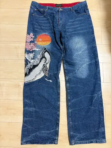 일본풍 자수 데님 팬츠 다크 블루