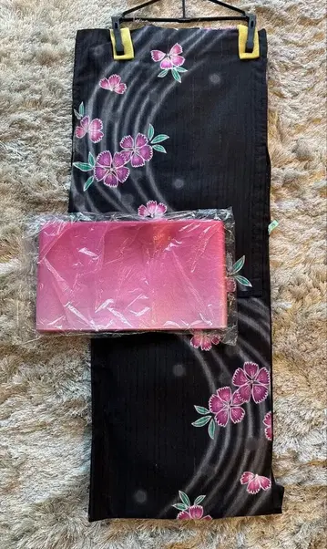 유카타 블랙 x 핑크 핑크 오비 포함