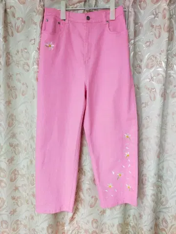 미국 구제 의류 핑크 꽃무늬 자수 데님 팬츠