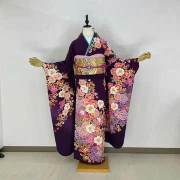 후리소데 풀세트 7점 세트 보라색 M~L 사이즈 순수 실크 새상품급