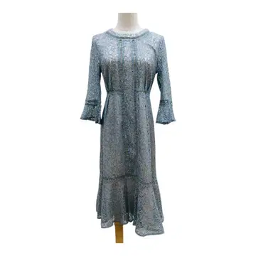 아사쿠라 전체 레이스 7부 플레어 소매 티어드 롱 원피스 블루 그레이