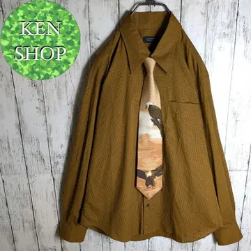 넥타이 셔츠 골든 브라운 격자 무늬 버드 패턴 빈티지 구제 의류