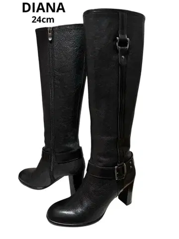DIANA 블랙 롱 부츠 천연 가죽 하이힐 버클 포함
