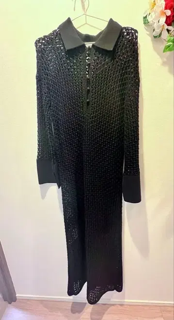 프레이 아이디 메쉬풍 니트 원피스 블랙