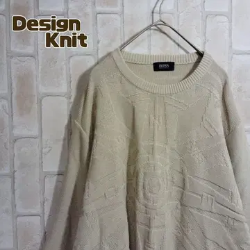 휴고보스 니트 스웨터 베이지 기하학 패턴