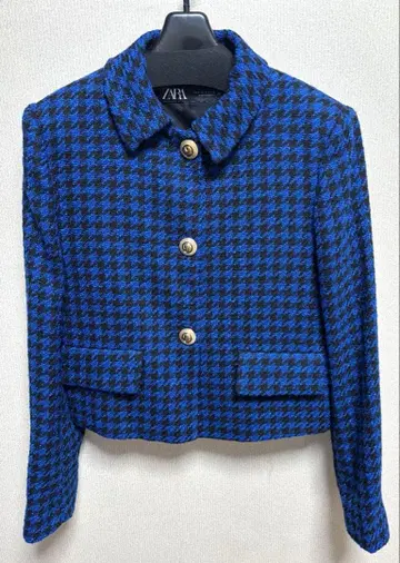 ZARA 파랑 검정 체크 크롭 자켓