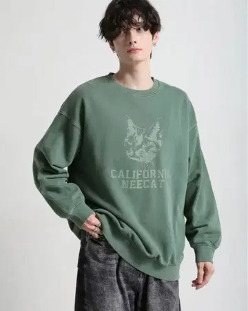 RAGEBLUE 올리브 그린 고양이 프린트 맨투맨 L 쭈리