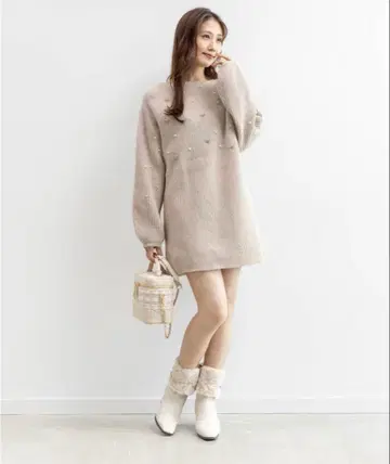 RANDA 리본 x 펄 장식 미니 니트 원피스