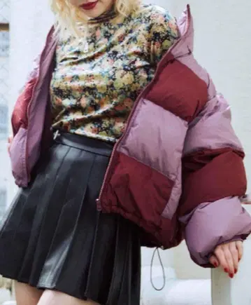 jouetie 블로킹 체크 다운 핑크 보라색 퍼플