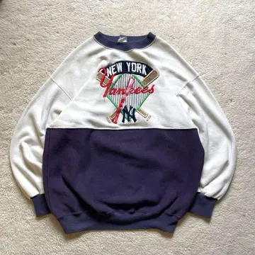 레어 80s Vintage USA제 양키스 로고 자수 맨투맨 퍼플네이비