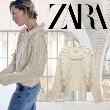 ZARA 레이스 프릴 모조 진주 케이블 니트 M