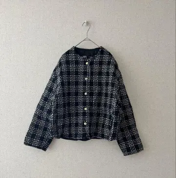 ZARA 트위드 골드 버튼 노카라 퀼팅 자켓 S