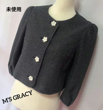 미사용 M'S GRACY 노카라 자켓 블랙과 화이트 보더