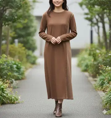 앙제므 니트 절개 롱 원피스 브라운 슬릿 긴팔 무지