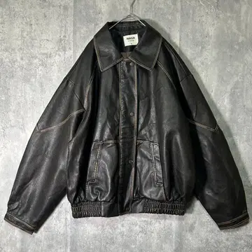 빈티지풍 인조 가죽 봄버 자켓 블루종 다크 브라운