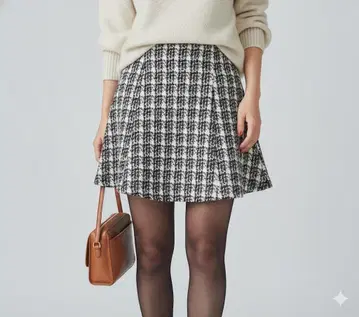 An MILLE 트위드 미니 스커트 울 혼방 체크 무릎 기장 화이트