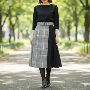 토널 체크 플리츠 벨트 포함 프론트 버튼 이소재 롱 스커트