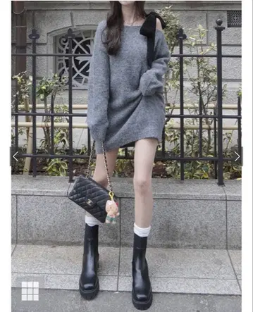 원숄더 벨로아 리본 니트 미니 원피스