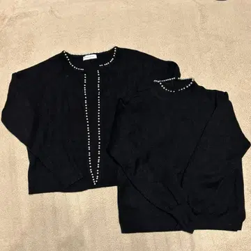 새상품급 쿠튀르 브로치 모조 진주 트리밍 가디건 앙상블 블랙