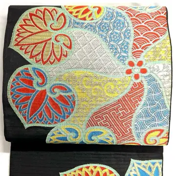 앤티크 후쿠로 오비 명주 아오이 화문 전통 화문양 기모노 오비 030k