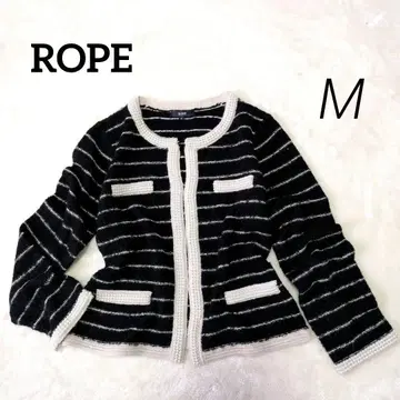 ROPE 펄 장식 니트 가디건 보더 블랙 트위드풍 울