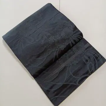 후쿠로 오비 블랙 [새상품급] 꽃무늬 순수 실크 양면 전체 패턴 꽃무늬