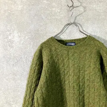 LANDS' END 케이블 니트 카키 크루넥 소매 리브