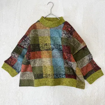 멀티 컬러 반팔 니트 레트로 패치워크 속기모 M~L 미사용급