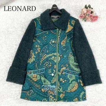 모헤어 혼방 레오나르 롱 코트 퀼팅 트리밍 페이즐리 꽃 그린 L