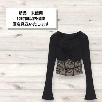 레이스 장식 블랙 크롭 긴팔 상의 S 사이즈