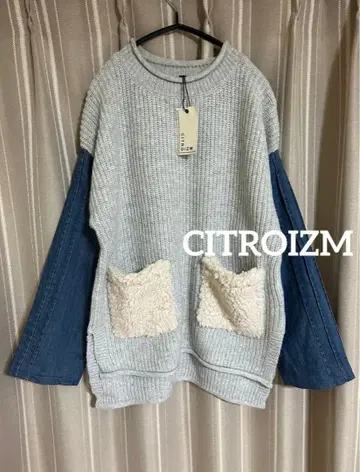 CITROIZM 이소재 절개 데님소매 니트