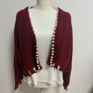 COCODEAL 버건디 가디건 펄 장식