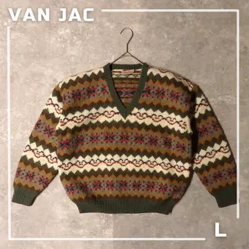 80s VAN JAC 핸드크라프트 울 100% 페어아일 패턴 스웨터