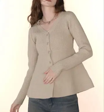 Mili affinity 페플럼 V넥 리브 니트 가디건