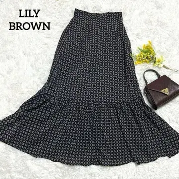 릴리 브라운 롱 스커트 티어드 레트로 올 패턴 빈티지 네이비