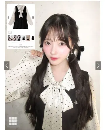 리본 포함 도트 무늬 셔츠 스퀘어 넥 슬리브리스 미니 원피스 셋업