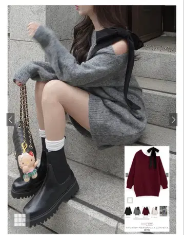 원숄더 벨로아 리본 니트 미니 원피스 그레이