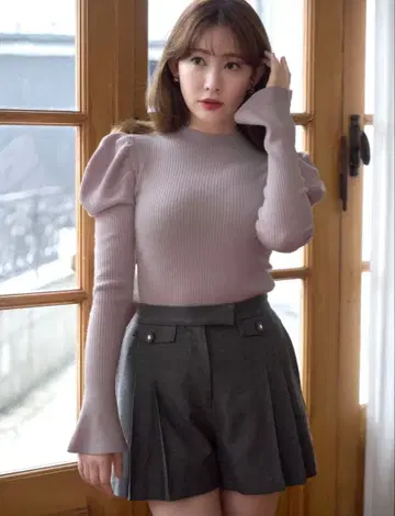 Volume Sleeve Rib Knit Top - taupe