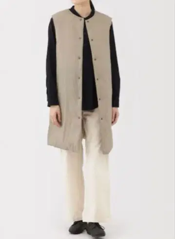 무인양품 경량 다운 포켓터블 노카라 롱 베스트 라이트 베이지 L