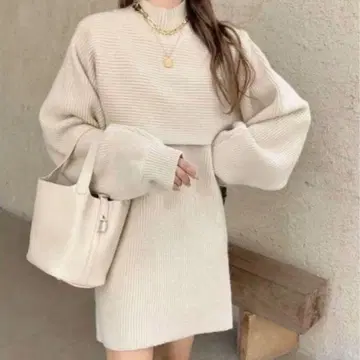 하이넥 리브 니트 + 슬리브리스 원피스 2종 세트