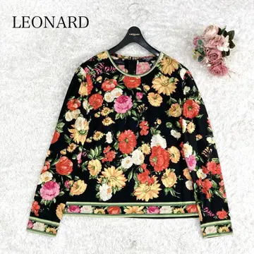 컨디션 최상 실크 혼방 레오나르 티셔츠 상의 트리밍 꽃 블랙 빨간색 L