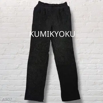 [쿠미교쿠] 레이온 혼방 스트레이트 팬츠 프론트 버튼 클린 블랙 (3)