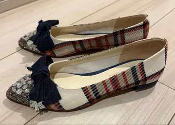 다이애나 비쥬 데님 리본 신발 펌프스 체크 무늬