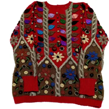 모티브 비즈 꽃무늬 자수 입체 니트 스웨터 긴팔 본체 울 100% 3D