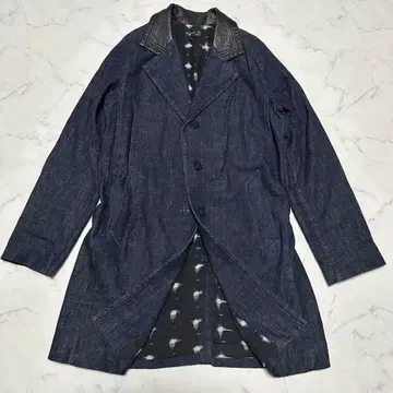 새상품급 레어 에네스베 데님 체스터 코트 옷깃 가죽 절개 인디고