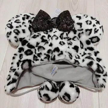 디즈니 팬캡 미니 레오파드 무늬 복슬복슬 모자 화이트 실버