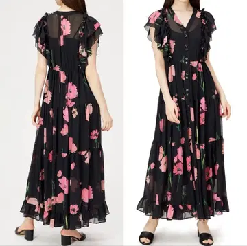 더블 스탠다드 파우더 쉬폰 포피 패턴 원피스