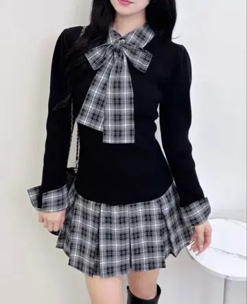 INGNI 체크 무늬 보타이 셔츠 도킹 니트 원피스